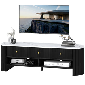 Meuble TV moderne avec plateau effet marbre, 3 tiroirs et 2 étagères ouvertes, noir