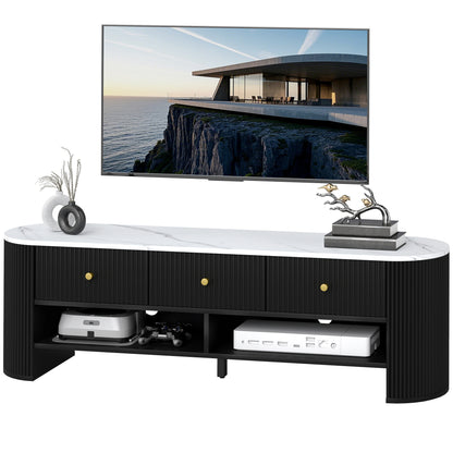 Meuble TV moderne avec plateau effet marbre, 3 tiroirs et 2 étagères ouvertes pour téléviseur de 32 à 65 pouces, noir