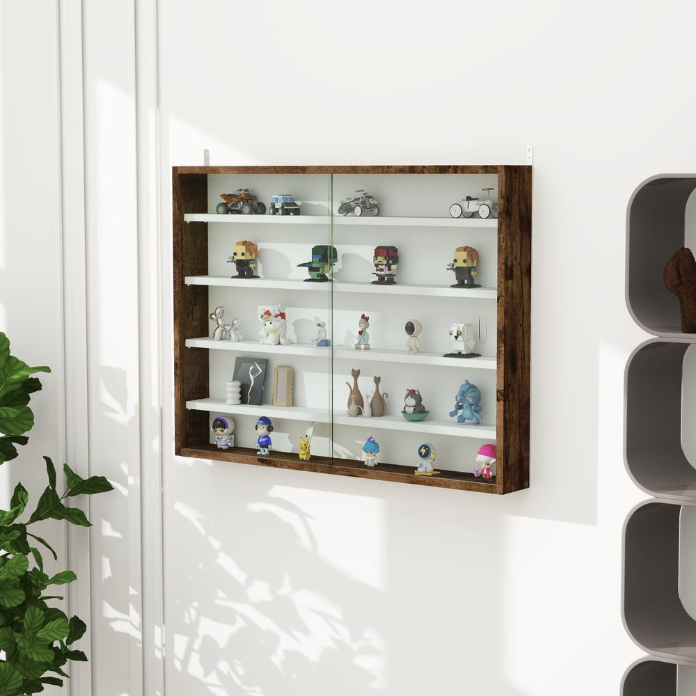 5-Tier Glass Display Cabinet with 2 Glass Doors and 4 Adjustable Shelves, Brown