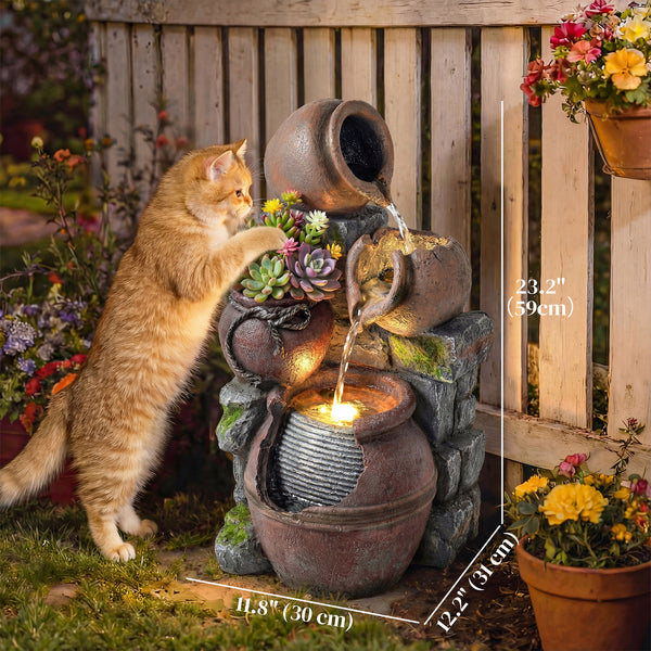 Fontaine d'extérieur avec pot rustique à 4 niveaux, éclairage LED et débit réglable.