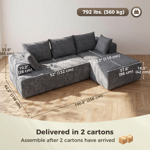 Canapé sectionnel convertible en lit gris avec méridienne et ressorts ensachés, gris