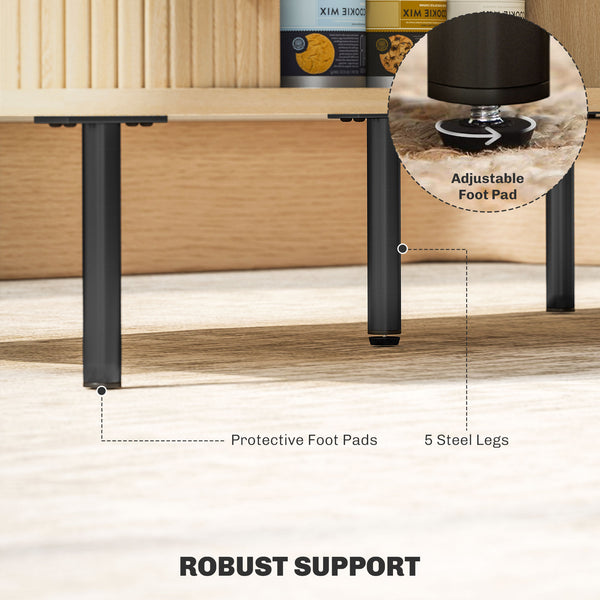 Table d'appoint nordique avec portes coulissantes à lattes et pieds en acier pour salon, couleur chêne