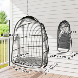 Hanging Egg Chair, Foldable Rattan Garden Swing Chair with Installation Kit, Thickened Cushion and Headrest, Dark Grey