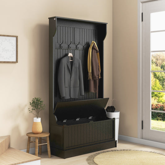 Meuble d'entrée 3 en 1 avec porte-manteau, rangement à chaussures et banquette, banc d'entrée avec 4 crochets, noir