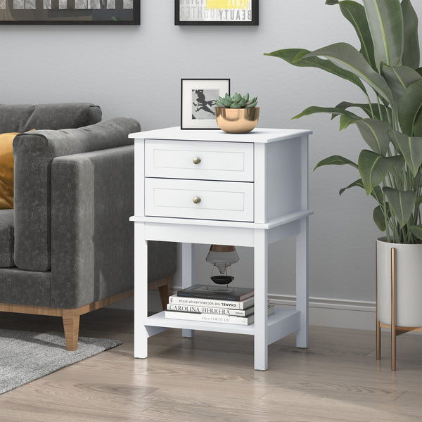 Table d'appoint moderne avec tiroirs et étagère de rangement, blanche