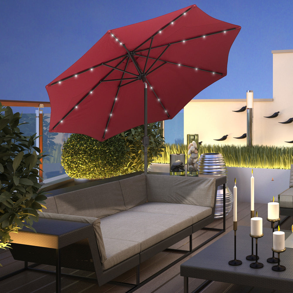 8.8-foot solar parasol with 24 LED lights and tiltable canopy, burgundy red 