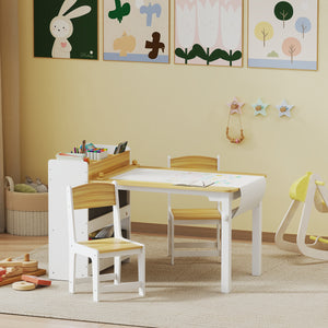 Toddler Table and Chairs with Paper Roll, Storage Shelves and Drawers, Natural Wood
