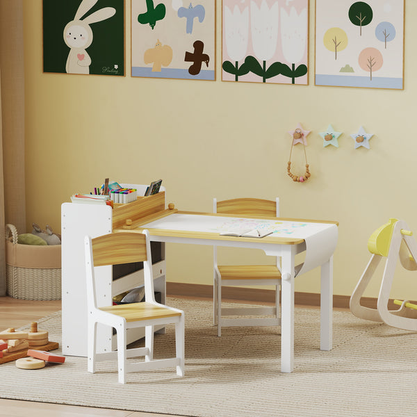 Toddler Table and Chairs with Paper Roll, Storage Shelves and Drawers, Natural Wood