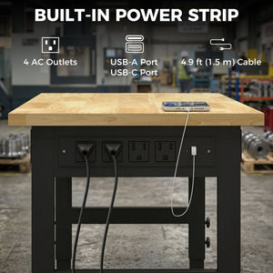 48" Adjustable Workbench, Heavy-Duty Work Table with Rubberwood Top, Power Outlets, Pegboard, 2000 LBS Capacity