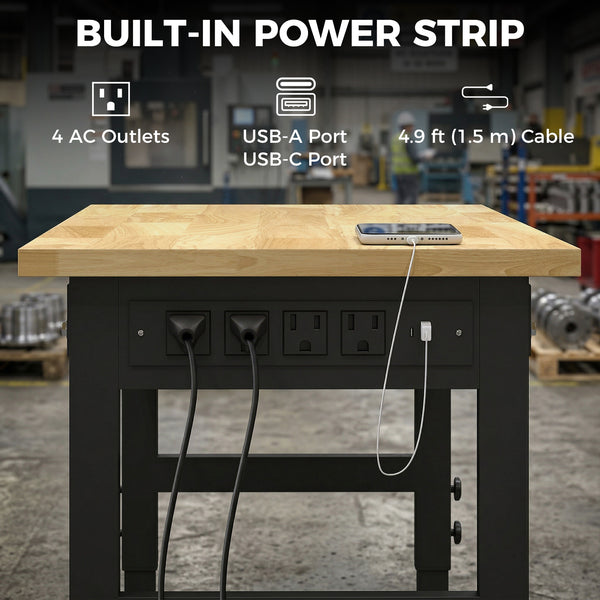 48" Adjustable Workbench, Heavy-Duty Work Table with Rubberwood Top, Power Outlets, Pegboard, 2000 LBS Capacity