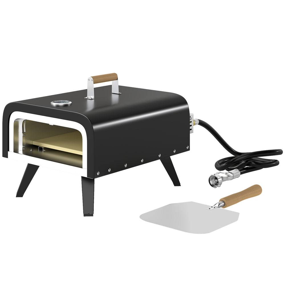 Outdoor Tabletop Gas Pizza Oven with 12" Stone and Peel, Portable Pizza Oven Maker with Thermometer, Foldable Legs, Handle, Gas Hose and Regulator, Black