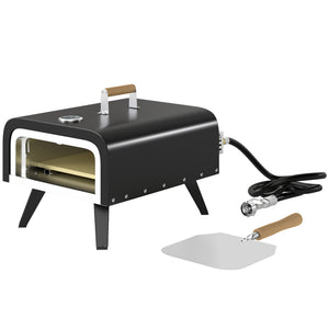 Outdoor Tabletop Gas Pizza Oven with 12" Stone and Peel, Portable Pizza Oven Maker with Thermometer, Foldable Legs, Handle, Gas Hose and Regulator, Black