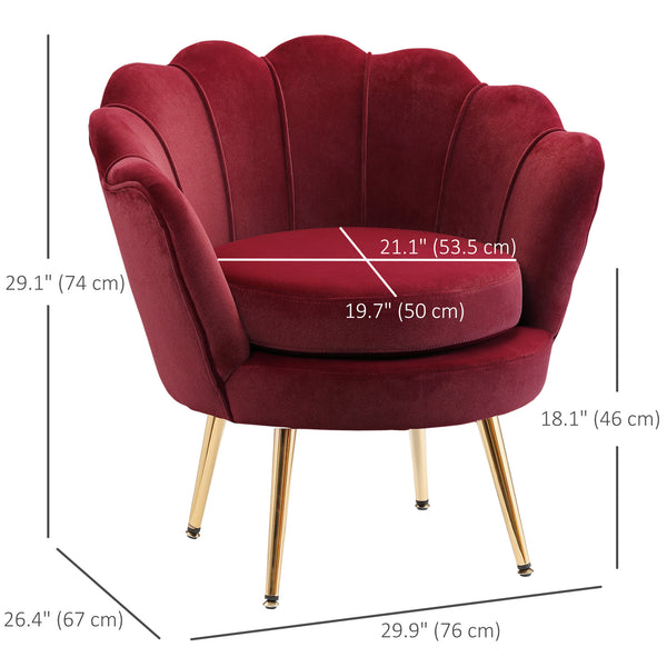 Fauteuil d'appoint lotus en tissu velours avec pieds en métal doré, bordeaux