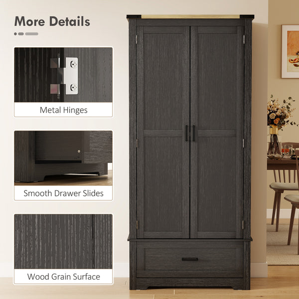 Farmhouse style kitchen cabinet with 2 doors, one drawer and adjustable shelves, black and brown