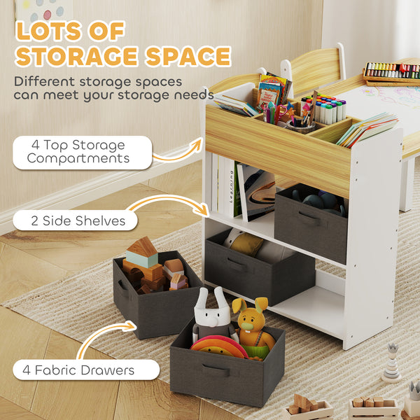 Toddler Table and Chairs with Paper Roll, Storage Shelves and Drawers, Natural Wood