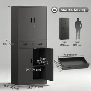 Armoire de rangement en acier verrouillable avec tiroir et tablettes ajustables, noir