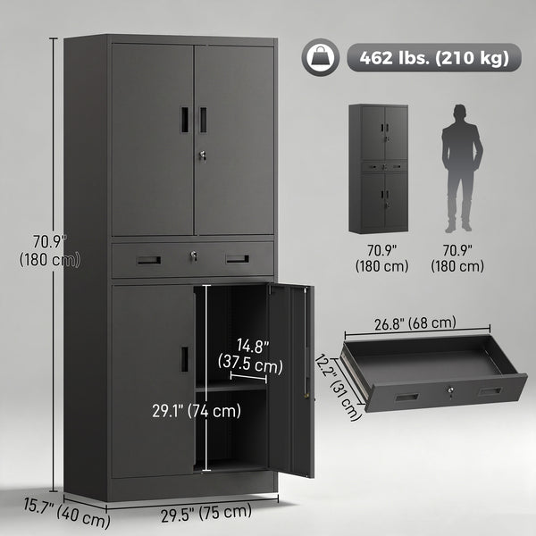 Armoire de rangement en acier verrouillable avec tiroir et tablettes ajustables, noir