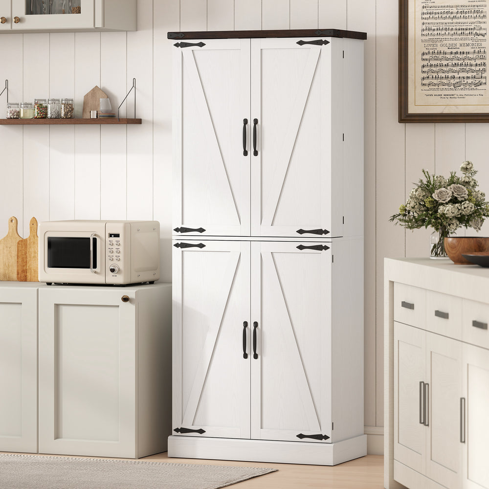 Armoire de cuisine de 183 cm de haut, style ferme, avec 8 portes et étagères réglables, blanche.