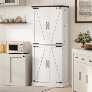 Armoire de cuisine de 183 cm de haut, style ferme, avec 8 portes et étagères réglables, blanche.