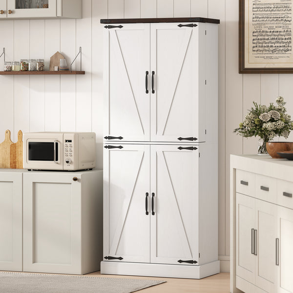Armoire de cuisine de 183 cm de haut, style ferme, avec 8 portes et étagères réglables, blanche.