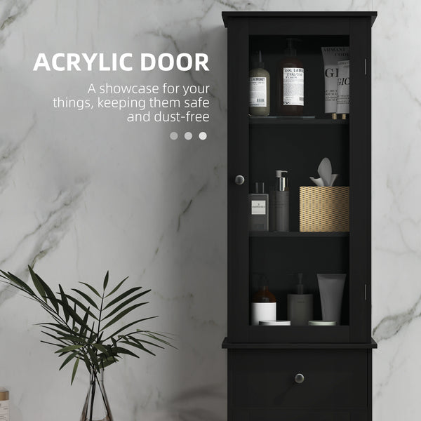 Armoire de salle de bain haute avec tiroirs, 2 portes et étagères réglables, noir
