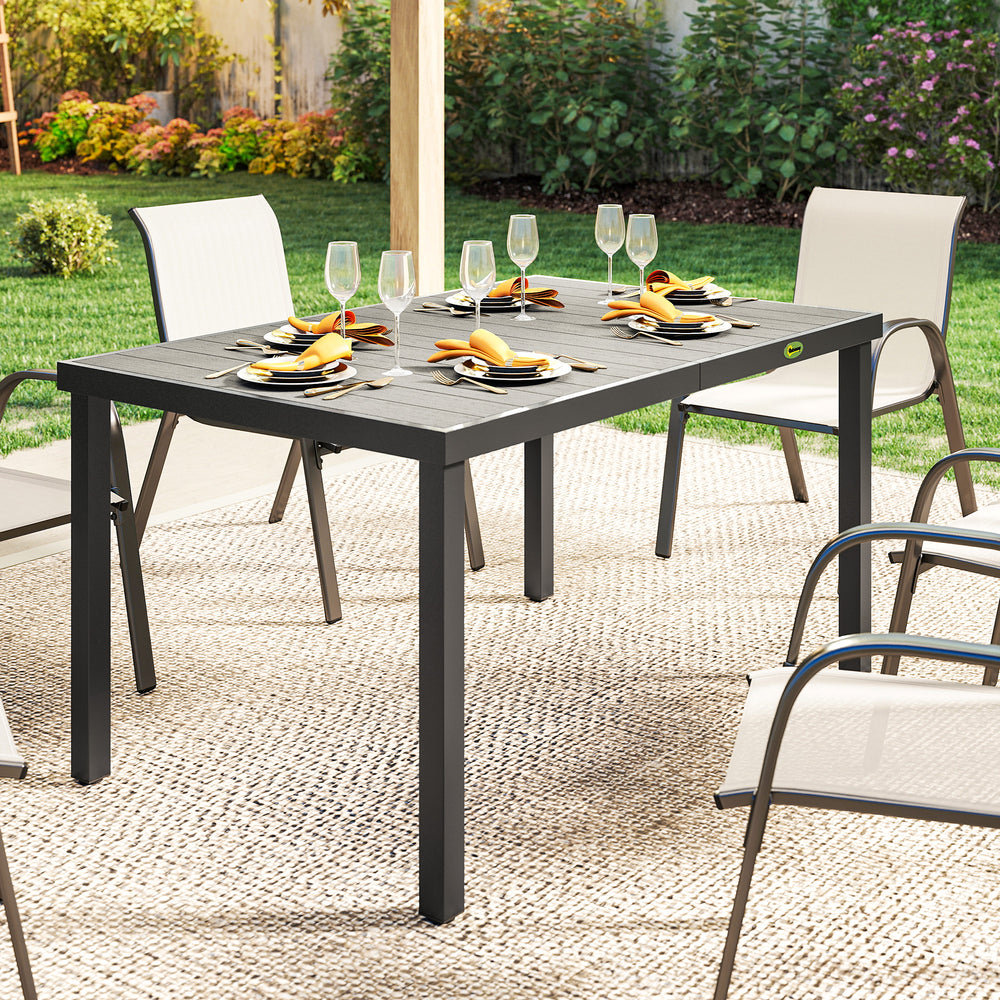 Table de patio rectangulaire pour 6 personnes en composite bois-plastique et structure en acier, grise