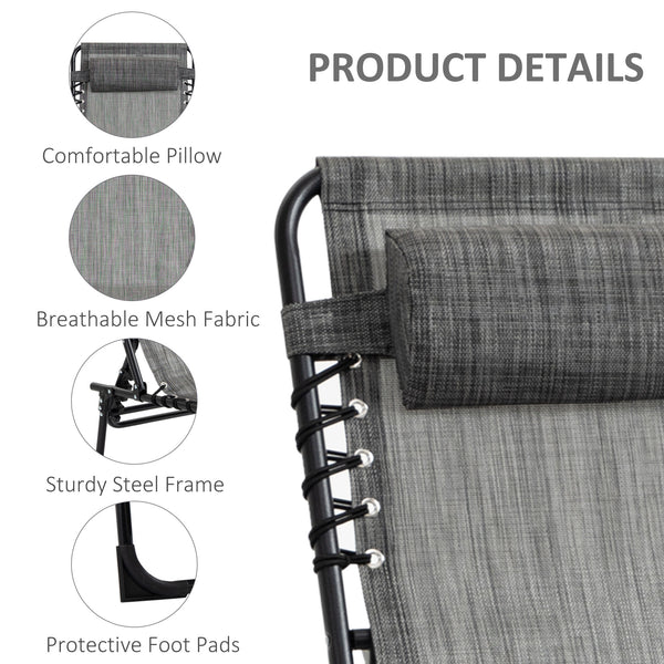 Chaise longue pliante avec dossier réglable et coussin amovible, gris chiné