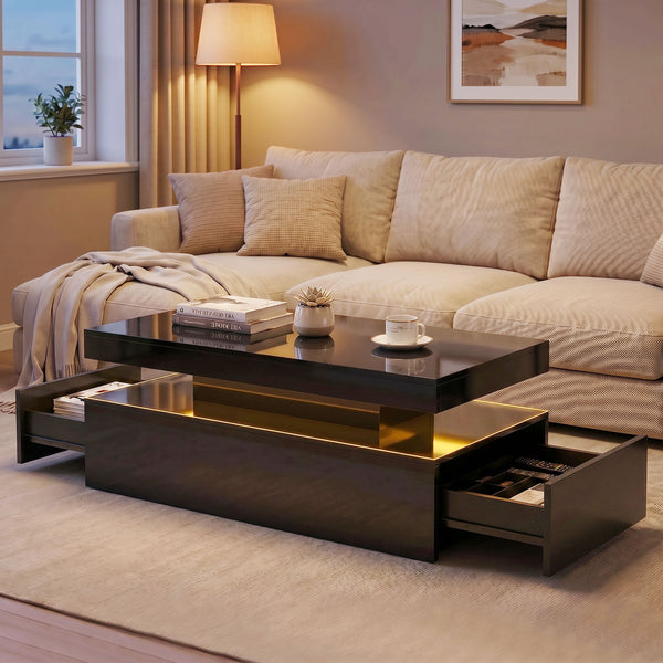 Table basse avec rangement à 2 niveaux et 2 tiroirs pour salon, noir brillant