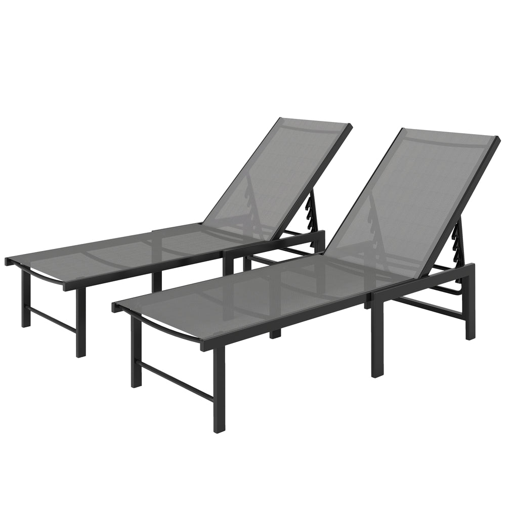 Outdoor Lounge Chair Set of 2, 5-Position Reclining Outdoor Chaise Lounge Tanning Chair with Mesh Seat, Grey