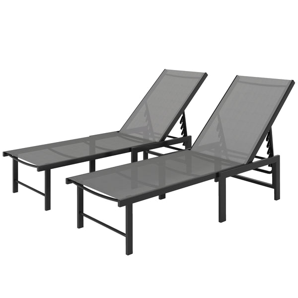 Outdoor Lounge Chair Set of 2, 5-Position Reclining Outdoor Chaise Lounge Tanning Chair with Mesh Seat, Grey