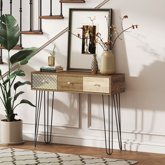 Console avec tiroirs de 89 cm avec pieds en épingle à cheveux, marron