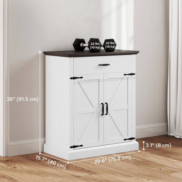 Buffet style campagnard, avec plateau de 3 cm d'épaisseur, 2 portes de grange, tiroir et étagère réglable, blanc