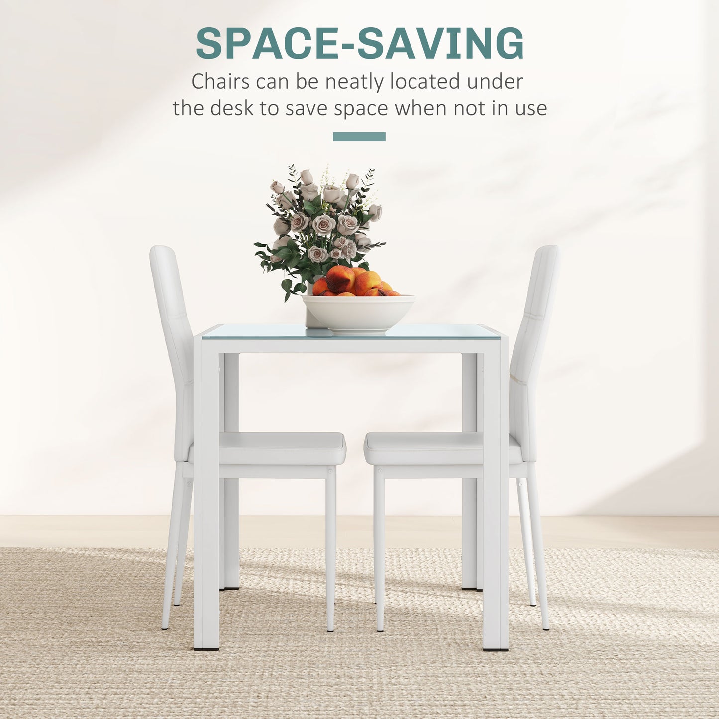 Ensemble de tables et chaises en verre avec structure en métal et revêtement en similicuir pour salle à manger, blanc