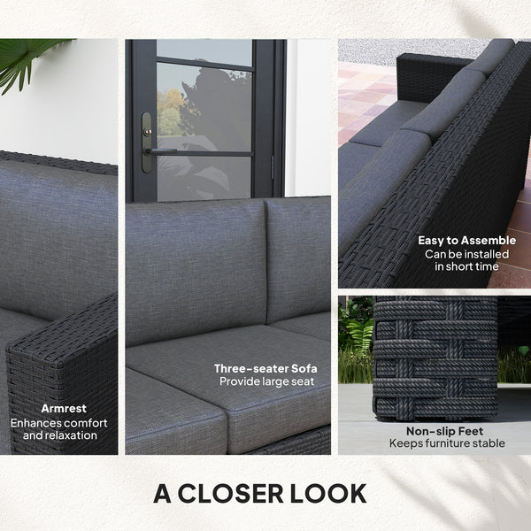 Canapé 3 places en rotin et osier, mobilier de jardin extérieur avec coussin, gris