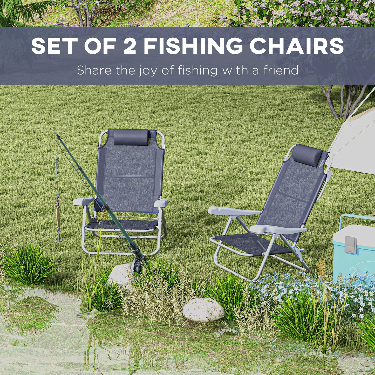 Lot de 2 chaises de plage, chaises de camping avec dossier et appui-tête réglables, bleu foncé