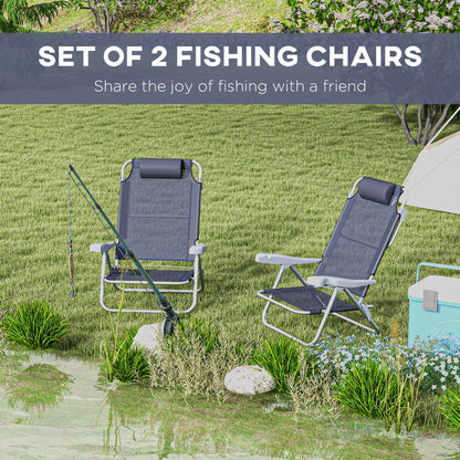 Lot de 2 chaises de plage, chaises de camping avec dossier et appui-tête réglables, bleu foncé