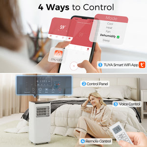 4-in-1 8000 BTU Portable Air Conditioner with Cooling, Dehumidification, Fan, Sleep Mode, Wi-Fi Voice Remote Control, White