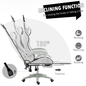 PU leather gaming chair with footrest, headrest and lumbar support, white and black