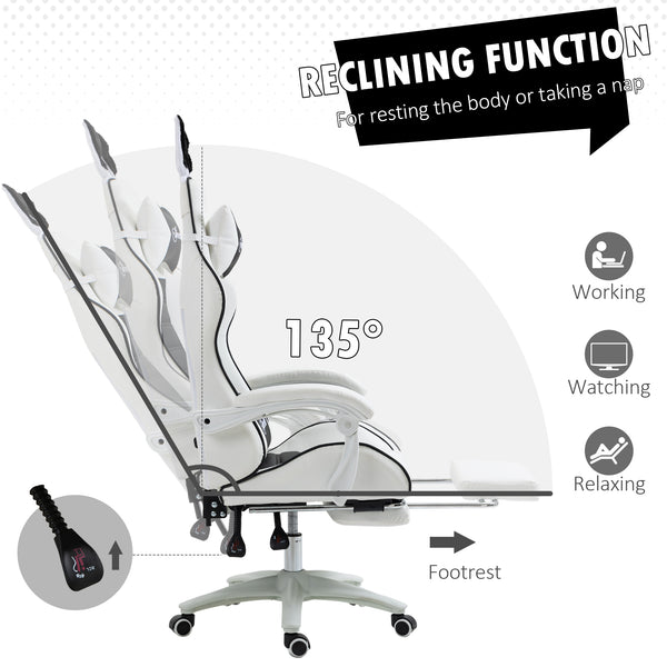PU leather gaming chair with footrest, headrest and lumbar support, white and black