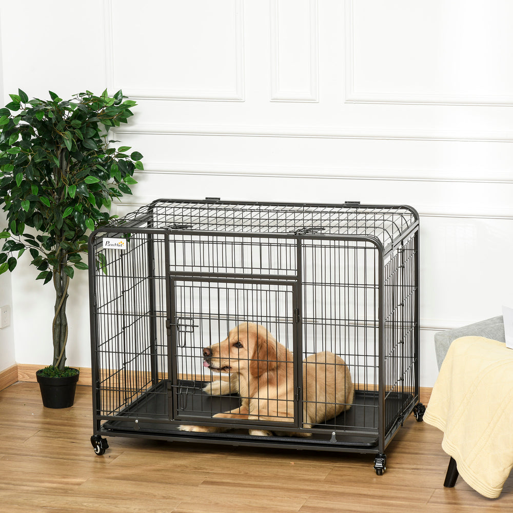 Foldable, sturdy cage with double door, lockable wheels and tray