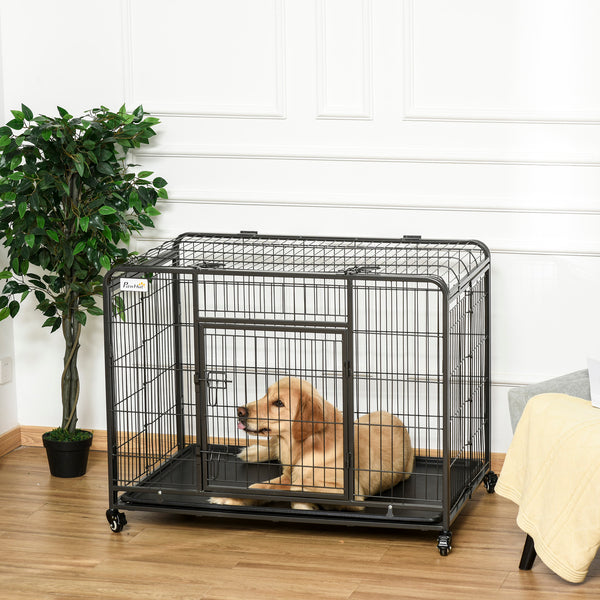 Cage pliable et robuste avec double porte, roulettes verrouillables et plateau