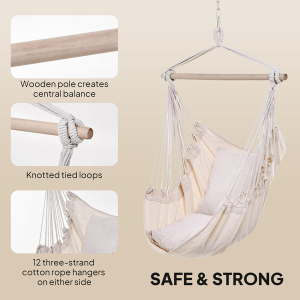 Hanging macrame cotton hammock with two soft cushions, cream white