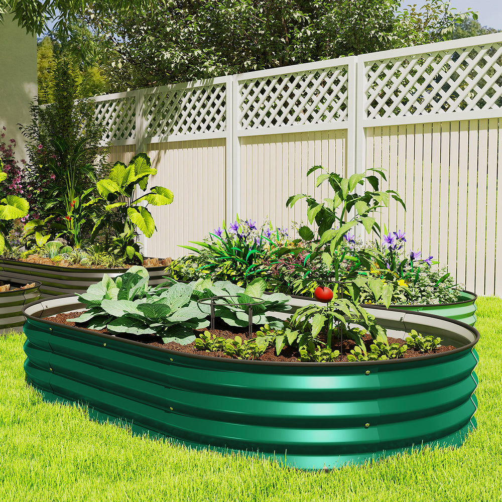 Galvanized raised outdoor planter with metal stake, green