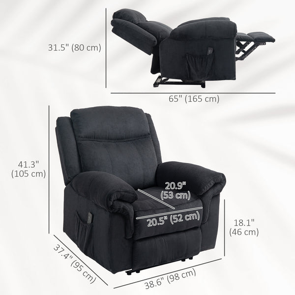 Fauteuil inclinable manuel avec massage par vibrations, poches latérales, en velours côtelé, noir