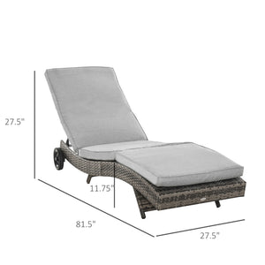 Outdoor Adjustable Wicker Chaise Lounge Chair with Cushion & Wheels for Patio, Deck, Poolside, Grey