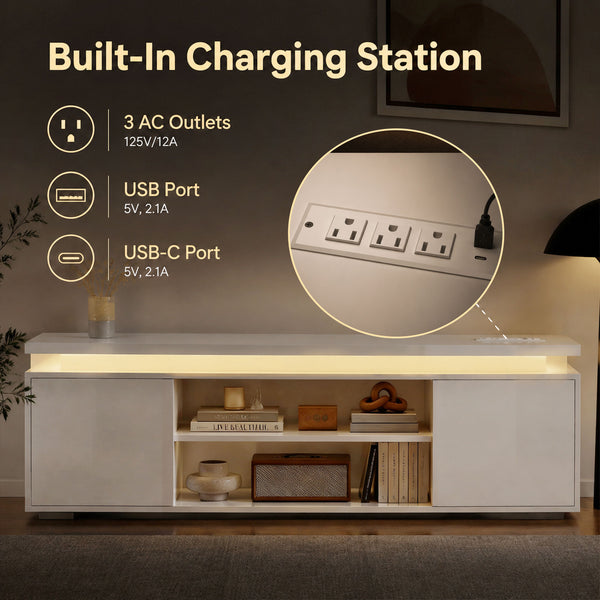 Meuble pour téléviseurs jusqu'à 60 pouces avec éclairage LED et prises électriques, blanc brillant