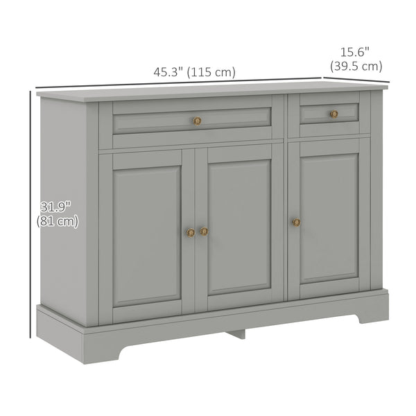 Buffet moderne avec 2 tiroirs et étagères réglables, idéal pour la salle à manger, gris.