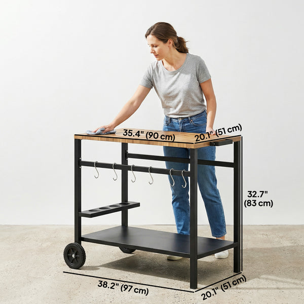 2-Tier Outdoor BBQ Cart, Grill Stand with Drink Holder, Hooks, and Wheels, Black and Brown