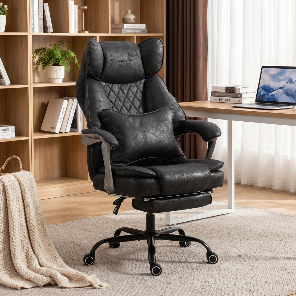 Chaise de bureau ergonomique grande taille avec repose-pieds et dossier inclinable à 135°, noir