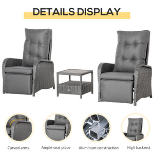 3 Pieces Patio Wicker Bistro Set, PE Rattan Coffee Table & Adjustable Recline Chairs Furniture Set with Cushions and Wood Grain Plastic Top, Grey